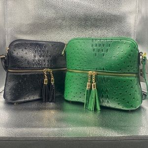 NWT HAUTE GROCERIES Ostrich Crossbody With Front Zipper Tassels